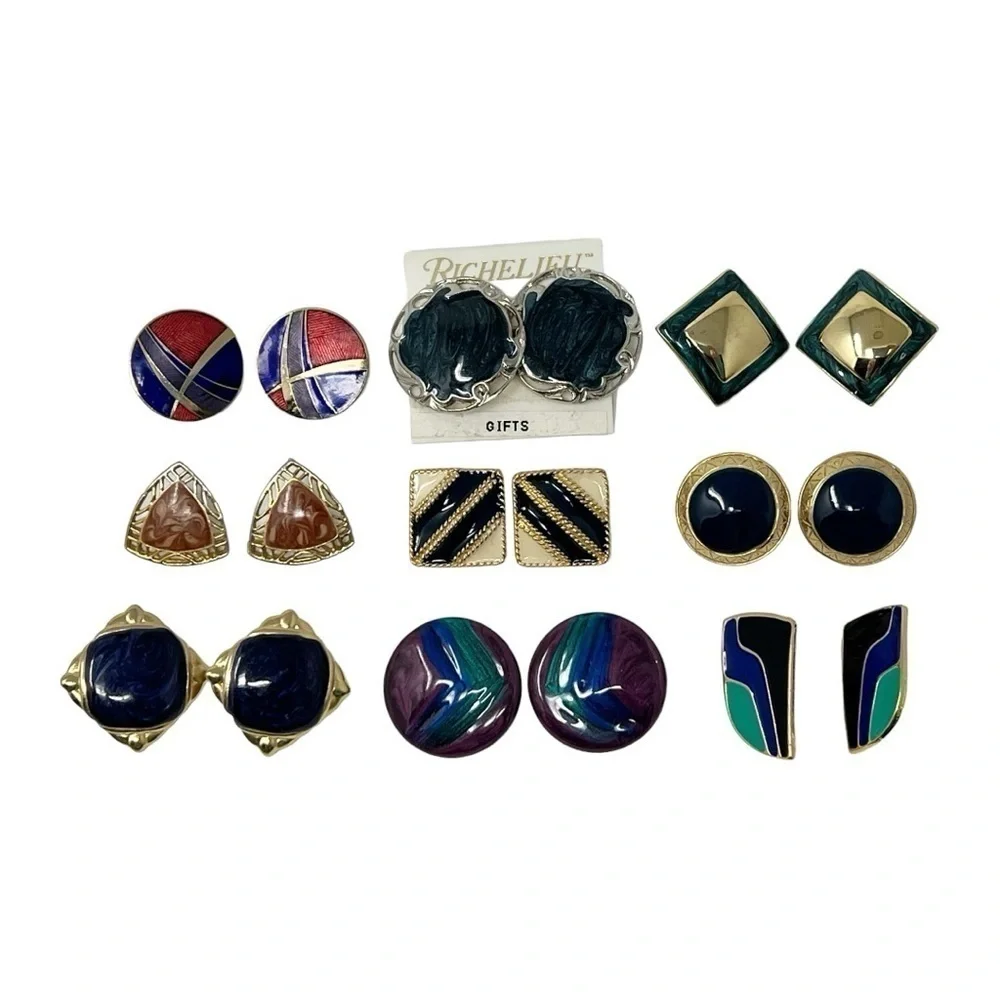 VTG lot 9 Pair of Pierced Earrings Gold Tone Enamel Bold